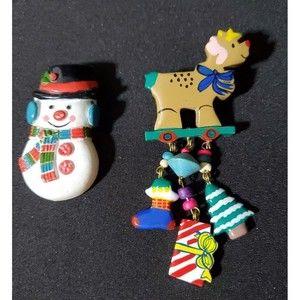 𝅺Vintage Lot Of 2 Snowman and Reindeer Dangle Lapel Brooch Pin Gibson Greetings